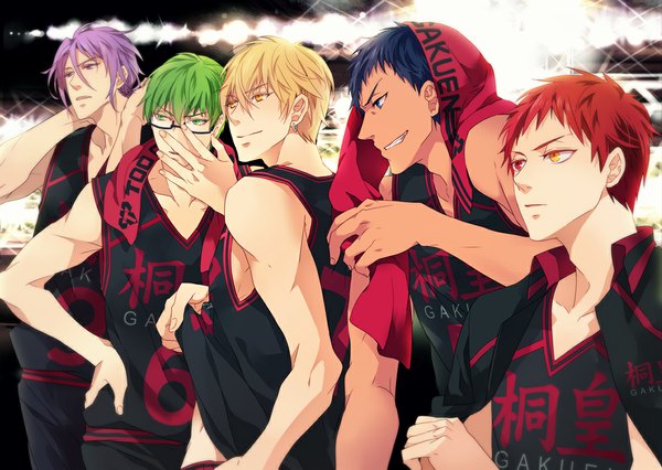 Anime picture 1125x800 with kuroko no basket production i.g kise ryouta aomine daiki akashi seijuurou midorima shintarou murasakibara atsushi ryouko (lovelovela) fringe short hair blue eyes blonde hair smile standing purple eyes green eyes yellow eyes blue hair purple hair red hair