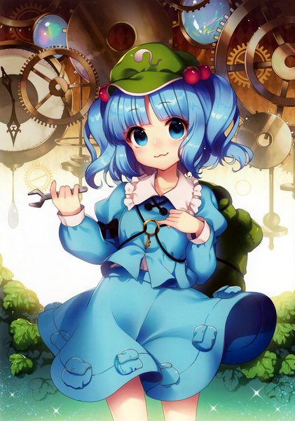 Anime picture 2459x3500 with touhou kawashiro nitori masaru.jp single tall image looking at viewer highres short hair blue eyes blue hair scan two side up light girl dress skirt leaf (leaves) skirt set hair tie flat cap
