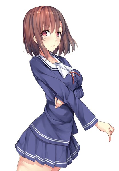 Anime picture 769x1109 with saenai heroine no sodatekata a-1 pictures katou megumi bonkiru single tall image looking at viewer blush fringe short hair breasts simple background smile red eyes brown hair large breasts standing white background pleated skirt girl