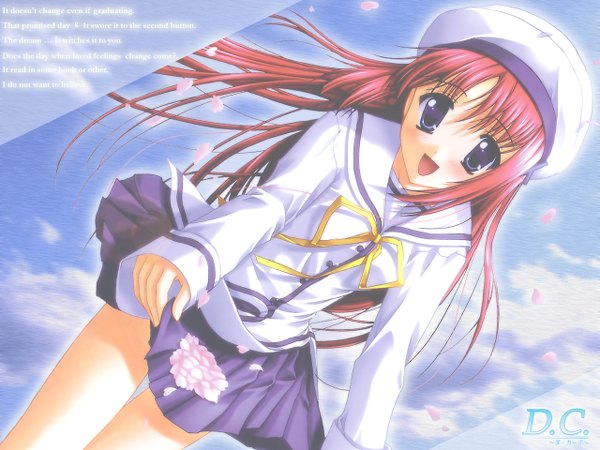 Anime picture 1280x960 with da capo shirakawa kotori long hair blush open mouth blue eyes smile red hair dutch angle cherry blossoms skirt lift wind lift ranguage engrish skirt uniform school uniform hat petals serafuku