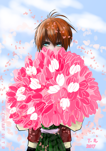 Anime picture 2480x3508 with tanya512 single tall image highres short hair blue eyes brown hair holding signed looking away sky cloud (clouds) wind 2017 boy flower (flowers) petals bouquet tulip