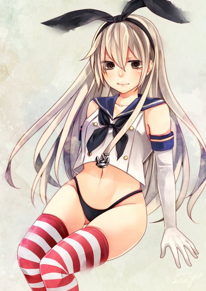 Anime picture 1000x1414 with kantai collection shimakaze destroyer wakatsuki you single long hair tall image light erotic blonde hair brown eyes girl thighhighs gloves navel underwear panties bow hair bow elbow gloves striped thighhighs sailor suit