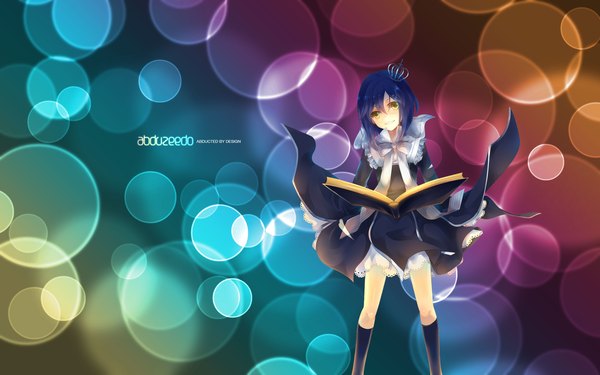 Anime picture 1920x1200 with pause dhiea seville dhiea single highres short hair smile wide image yellow eyes blue hair girl