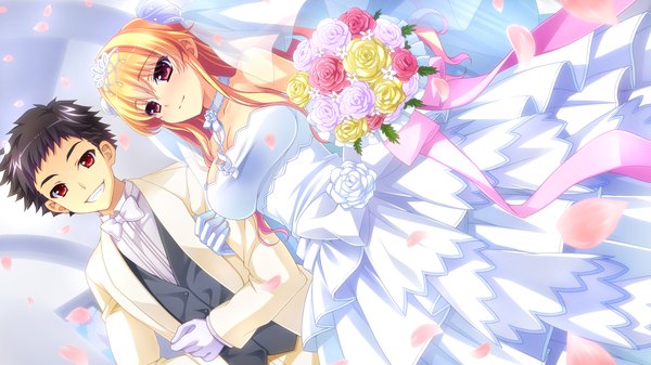 Anime picture 1920x1080 with baka moe heart ni ai wo komete! kamiwazumi chinami long hair blush highres black hair blonde hair red eyes wide image game cg couple wavy hair wedding girl dress boy flower (flowers) petals bouquet wedding dress