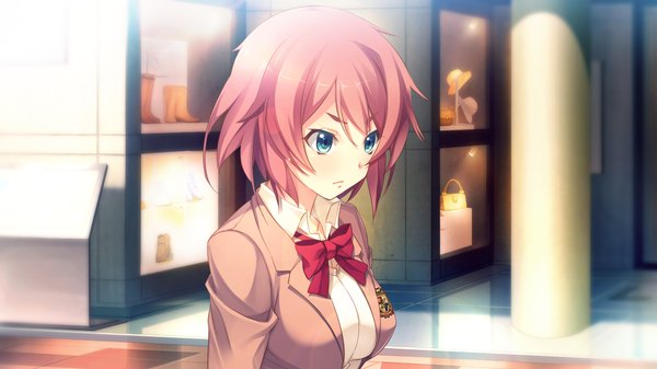 Anime picture 1280x720 with innocent bullet kanzaki sayaka (innocent bullet) single short hair blue eyes wide image looking away game cg red hair girl uniform school uniform
