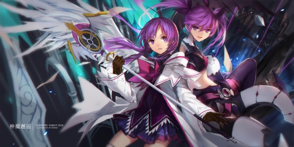 Anime picture 2551x1276 with elsword aisha landar elemental master (elsword) swd3e2 long hair looking at viewer highres open mouth wide image twintails purple eyes multiple girls purple hair girl dress skirt gloves bow 2 girls hair bow