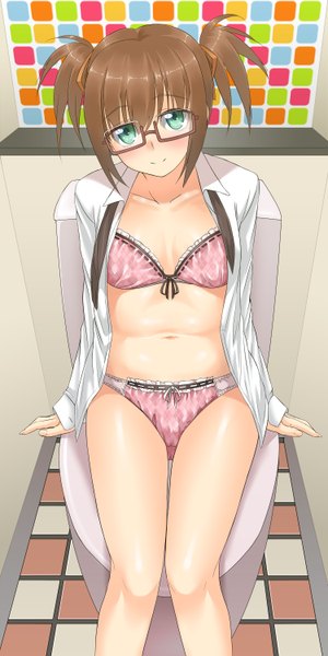 Anime picture 1500x3000 with original oxxo (dlengur) single tall image blush short hair blue eyes light erotic brown hair twintails open shirt short twintails girl navel underwear panties shirt glasses lingerie bra