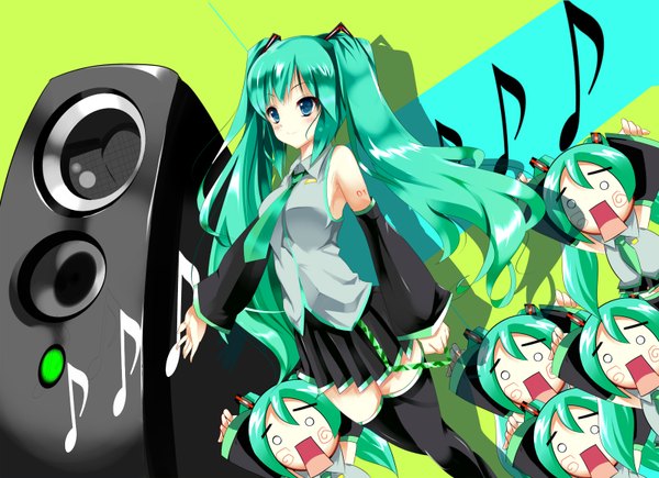 Anime picture 1600x1162 with vocaloid hatsune miku kown (artist) single long hair blush blue eyes twintails pleated skirt green hair tattoo girl thighhighs skirt black thighhighs detached sleeves