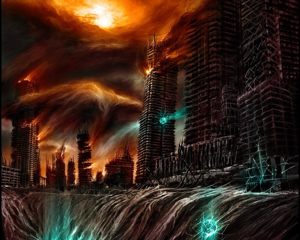 Anime picture 1280x1024 with alexiuss sky cloud (clouds) city cityscape ruins destruction science fiction post-apocalyptic building (buildings) skyscraper wave (waves)