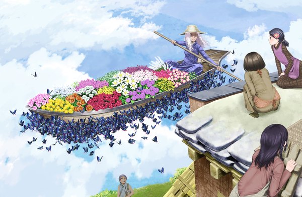 Anime picture 1920x1258 with original kagijou long hair highres short hair blue eyes smile multiple girls sky cloud (clouds) white hair hair flower girl hair ornament flower (flowers) hat insect butterfly 4 girls stairs