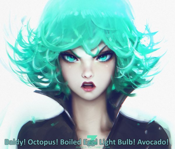 Anime picture 1916x1640 with one-punch man madhouse tatsumaki paul (shiramune) single looking at viewer fringe highres short hair open mouth simple background green eyes green hair lips realistic eyebrows eyeshadow angry talking girl