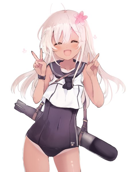 Anime picture 850x1143 with kantai collection ro-500 submarine sumisu (mondo) single long hair tall image blush open mouth light erotic simple background white background ahoge white hair eyes closed :d hair flower victory ^ ^ girl flower (flowers)
