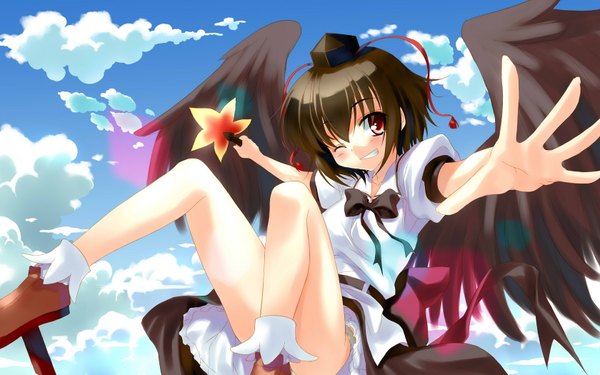 Anime picture 1680x1050 with touhou shameimaru aya redcomet single fringe short hair light erotic hair between eyes red eyes brown hair wide image sky cloud (clouds) one eye closed outstretched arm spread arms flying black wings midair girl