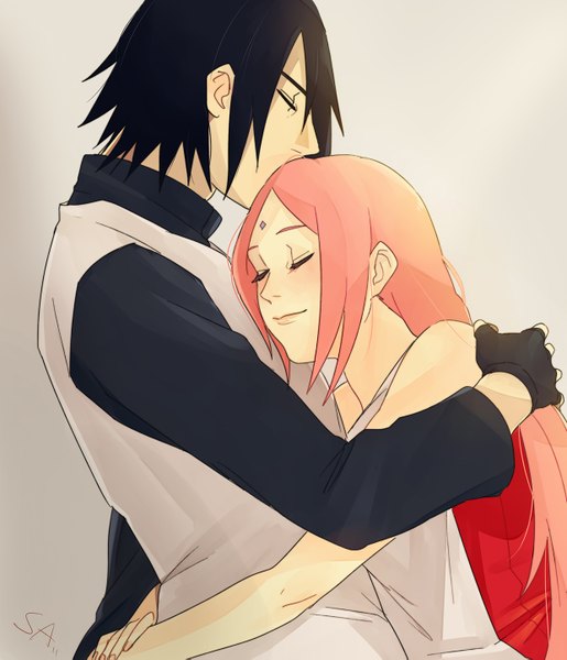 Anime picture 1240x1445 with naruto studio pierrot naruto (series) uchiha sasuke haruno sakura sa (pixiv12084268) long hair tall image blush short hair black hair simple background smile pink hair eyes closed sleeveless couple hug kiss husband and wife