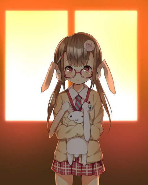 Anime picture 918x1149 with original pokachu single long hair tall image looking at viewer blush red eyes brown hair girl skirt uniform hair ornament school uniform glasses