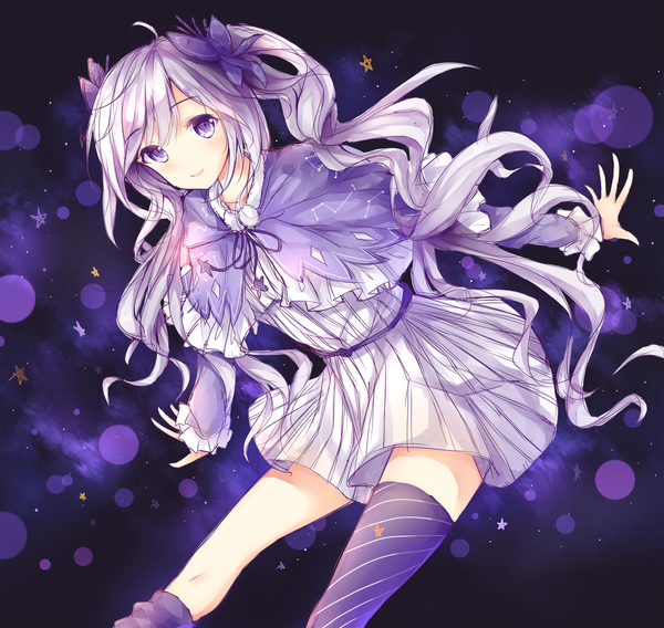 Anime picture 1500x1420 with vocaloid hatsune miku fuyu no yoru miku wsman single long hair looking at viewer fringe open mouth smile purple eyes twintails purple hair ahoge long sleeves leaning alternate costume leaning forward fur trim lens flare