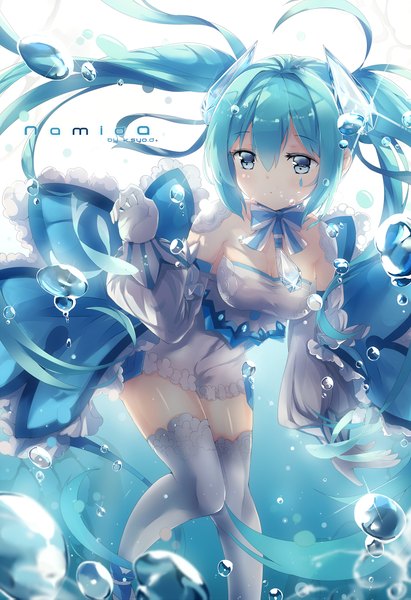 Anime picture 1398x2039 with vocaloid hatsune miku namida miku asahi kuroi single tall image looking at viewer blue eyes twintails signed very long hair aqua hair floating hair girl thighhighs dress detached sleeves white thighhighs bubble (bubbles)
