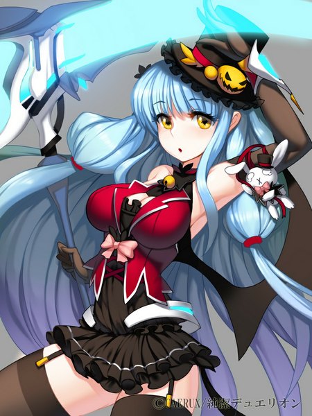 Anime picture 750x1000 with original snowball22 single long hair tall image looking at viewer yellow eyes blue hair girl thighhighs dress gloves weapon black thighhighs hat wings elbow gloves scythe