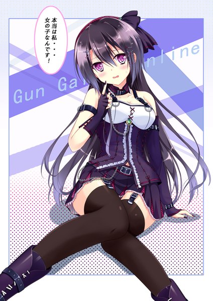 Anime picture 724x1024 with sword art online a-1 pictures kirigaya kazuto long hair tall image looking at viewer fringe light erotic black hair sitting purple eyes nail polish parted lips fingernails inscription sleeveless finger to mouth genderswap girl thighhighs