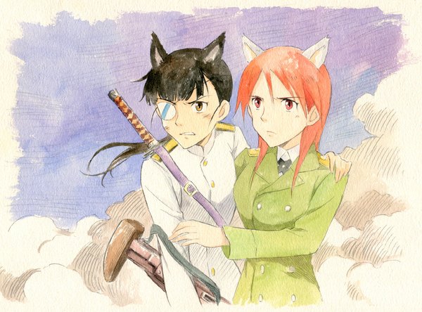 Anime picture 1000x741 with strike witches sakamoto mio minna-dietlinde wilcke agahari long hair fringe black hair red eyes multiple girls animal ears yellow eyes looking away sky cloud (clouds) ponytail red hair traditional media watercolor (medium) girl uniform