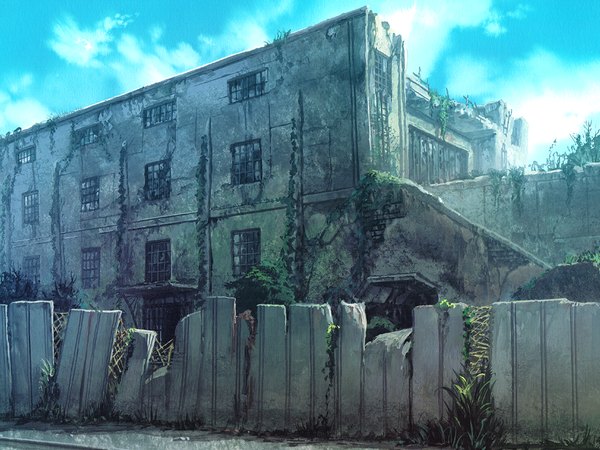 Anime picture 1024x768 with ma furu yoru no rin game cg cloud (clouds) no people plant (plants) window fence house