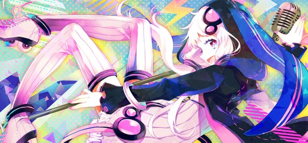 Anime picture 1366x637 with vocaloid yuzuki yukari siting zeng single long hair open mouth wide image purple eyes twintails pink eyes low twintails girl hood microphone