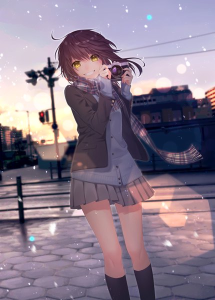 Anime picture 1191x1660 with original haizome senri natsutora single tall image looking at viewer short hair smile brown hair holding yellow eyes sky ahoge outdoors pleated skirt wind blurry sleeves past wrists clenched teeth morning