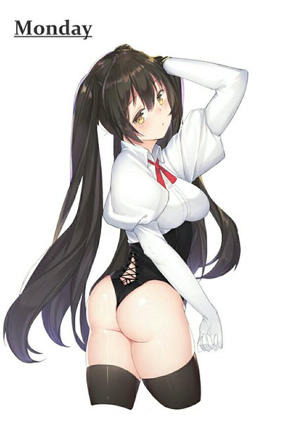 Anime picture 900x1277 with dhfz181 single tall image looking at viewer blush fringe breasts light erotic black hair simple background hair between eyes standing white background twintails brown eyes ass long sleeves very long hair head tilt :o