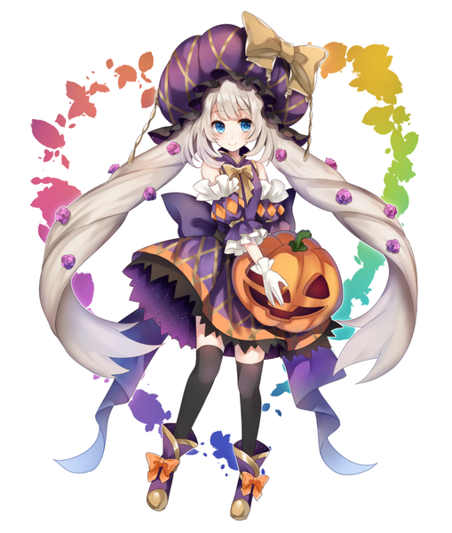 Anime picture 848x1000 with fate (series) fate/grand order marie antoinette (fate/grand order) ichinose (sorario) single tall image looking at viewer blue eyes smile white background twintails payot silver hair full body very long hair hair flower halloween girl thighhighs dress