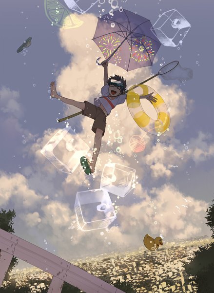 Anime picture 780x1065 with original dotaku single tall image short hair open mouth brown hair sky eyes closed happy landscape goggles on head falling transparent umbrella boy shorts umbrella bubble (bubbles) t-shirt goggles