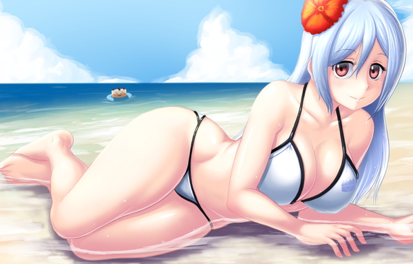 Anime picture 1252x800 with original finalcake single long hair looking at viewer breasts light erotic smile red eyes large breasts blue hair sky cloud (clouds) hair flower wet beach summer wide hips girl hair ornament
