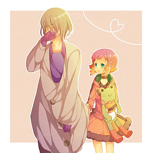 Anime picture 1000x1000 with aquarion (series) aquarion evol satelight jin musou yunoha thrul blush short hair open mouth blonde hair green eyes pink hair multicolored hair orange hair couple girl boy gloves toy stuffed animal coat