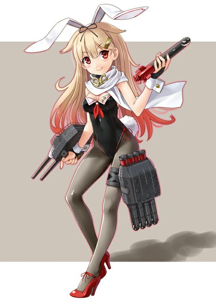 Anime picture 566x800 with kantai collection yuudachi destroyer katahira masashi single long hair tall image blush light erotic simple background blonde hair holding animal ears looking away bunny ears alternate costume fake animal ears remodel (kantai collection) girl gloves hair ornament