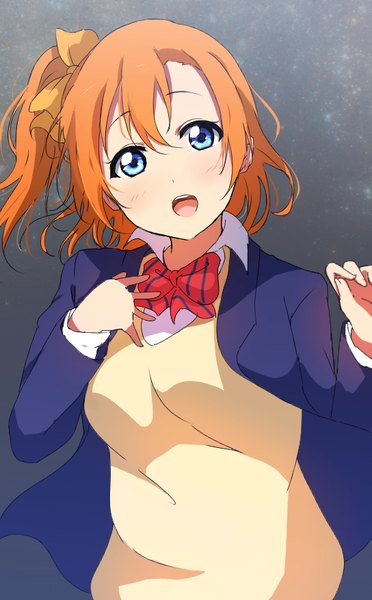 Anime picture 544x876 with love live! school idol project sunrise (studio) love live! kousaka honoka icehotmilktea single tall image blush short hair open mouth blue eyes simple background hair between eyes looking away orange hair grey background one side up hand on chest girl uniform