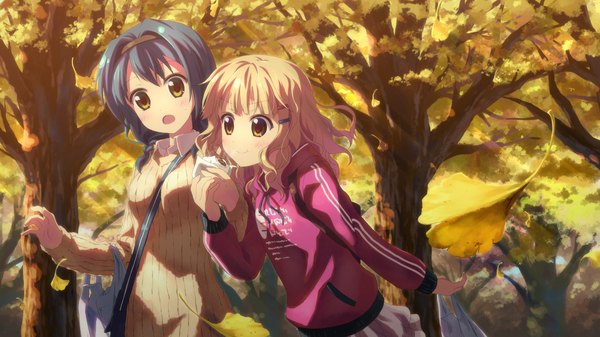 Anime picture 2560x1440 with yuru yuri doga kobo toshinou kyouko funami yui yuuki tatsuya highres short hair blonde hair wide image multiple girls brown eyes blue hair autumn girl 2 girls plant (plants) tree (trees) hairband sweater ginkgo