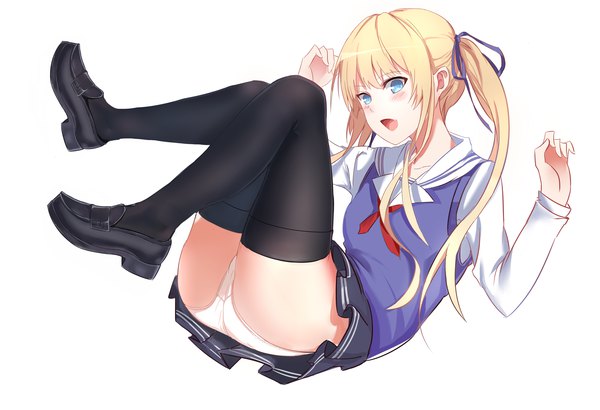 Anime picture 3778x2587 with saenai heroine no sodatekata a-1 pictures sawamura spencer eriri annnna single long hair blush highres open mouth blue eyes light erotic simple background blonde hair white background twintails absurdres full body ass girl thighhighs