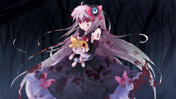 Anime picture 1280x720 with utau sukone tei single long hair red eyes wide image pink hair light smile girl dress bow hair bow detached sleeves blood toy stuffed animal