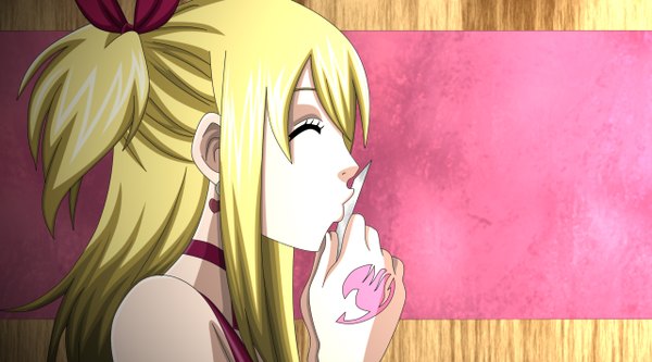 Anime picture 2560x1424 with fairy tail lucy heartfilia luffy-san92 single long hair highres blonde hair wide image eyes closed profile tattoo one side up coloring kiss girl earrings wall