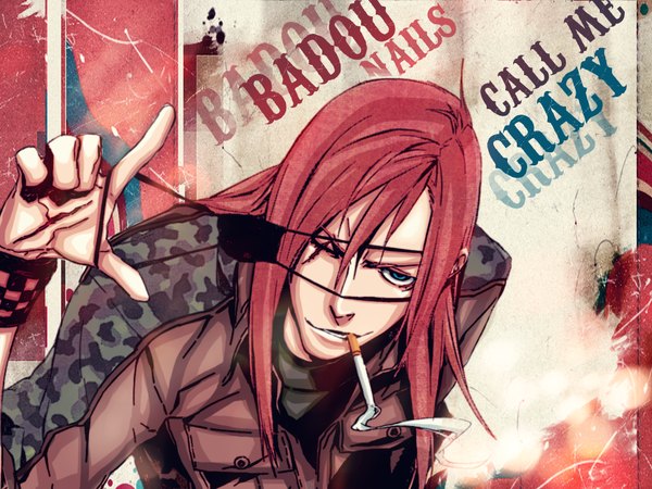 Anime picture 1024x768 with dogs: bullets & carnage david production badou nails miwa shirow blue eyes brown hair official art scar boy jacket eyepatch cigarette