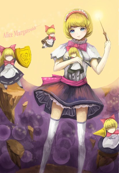 Anime picture 2362x3425 with touhou alice margatroid shanghai ke shiyong fanqie jun single tall image looking at viewer fringe highres short hair blonde hair zettai ryouiki character names girl thighhighs skirt bow white thighhighs hairband black skirt