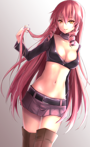 Anime picture 1040x1682 with akuma no riddle inukai isuke xayux single long hair tall image looking at viewer fringe breasts light erotic simple background smile yellow eyes pink hair cleavage parted lips head tilt pleated skirt fingernails midriff