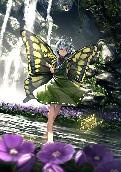 Anime picture 900x1273 with touhou eternity larva ryosios single tall image looking at viewer fringe short hair hair between eyes yellow eyes blue hair full body outdoors barefoot outstretched arm insect wings waterfall butterfly wings antennae girl