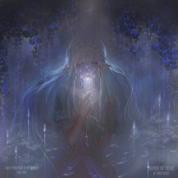 Anime picture 1435x1435 with original pixiv fantasia yuuki youichi single long hair looking at viewer purple eyes blue hair pointy ears inscription light girl dress flower (flowers) leaf (leaves)
