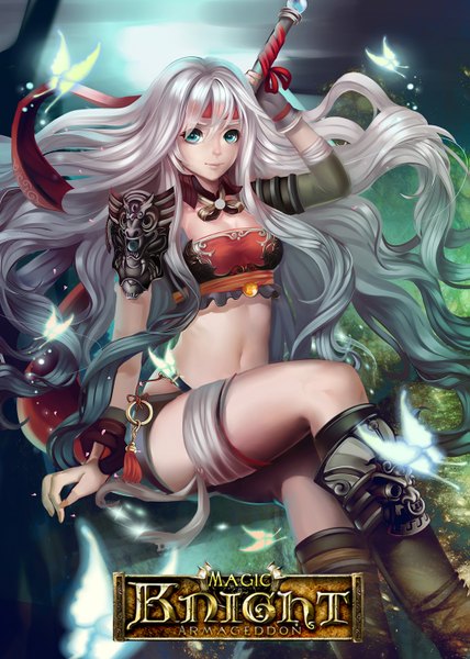 Anime picture 1071x1500 with magic knight armageddon monsohot single long hair tall image looking at viewer sitting aqua eyes grey hair inscription bare belly legs girl navel weapon armor insect butterfly bandage (bandages) knee boots