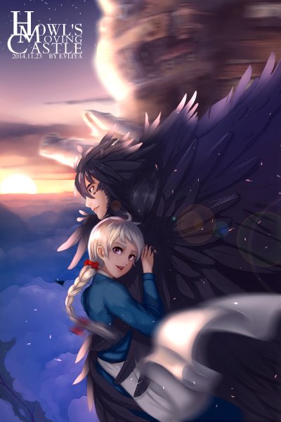 Anime picture 800x1200 with howl's moving castle studio ghibli howl sophie hatter wei ji single long hair tall image looking at viewer open mouth smile looking away sky cloud (clouds) braid (braids) pink eyes wind grey hair sunlight inscription