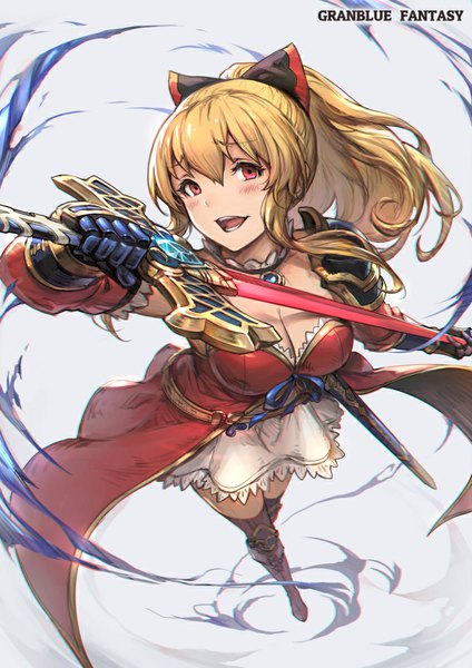 Anime picture 672x950 with granblue fantasy vira lilie haoni single long hair tall image looking at viewer blush fringe open mouth blonde hair simple background standing holding cleavage ponytail from above grey background teeth copyright name