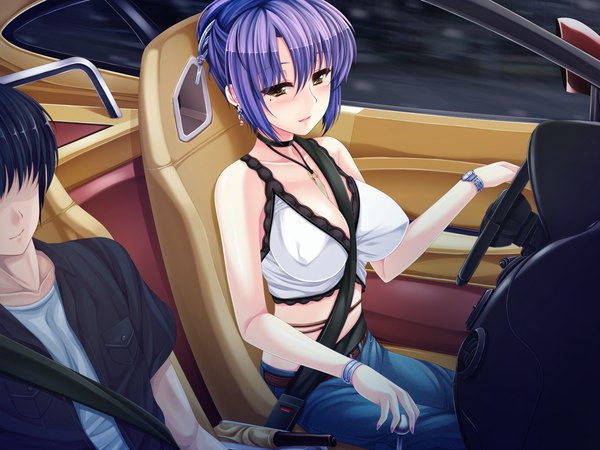 Anime picture 1024x768 with chu shite agechau tachibana kimika (chu shite agechau) uni8 short hair breasts light erotic large breasts yellow eyes game cg purple hair girl boy earrings bracelet ground vehicle jeans car