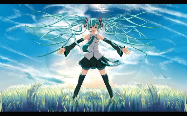 Anime picture 1200x750 with vocaloid hatsune miku eto long hair wide image twintails green eyes sky very long hair green hair zettai ryouiki spread arms field girl thighhighs skirt detached sleeves necktie headset
