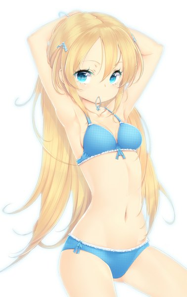Anime picture 567x900 with original zizi (zz22) single long hair tall image looking at viewer blue eyes light erotic simple background blonde hair white background girl navel bow swimsuit scrunchie hair tie