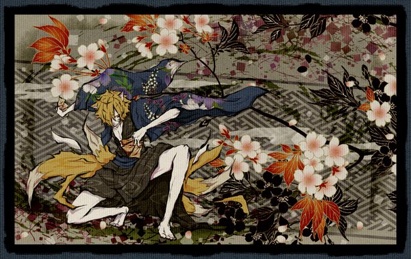 Anime picture 2106x1330 with original shuu iori (artist) single fringe highres short hair blonde hair animal ears japanese clothes animal tail barefoot hair over one eye cherry blossoms framed multiple tails texture boy kimono branch
